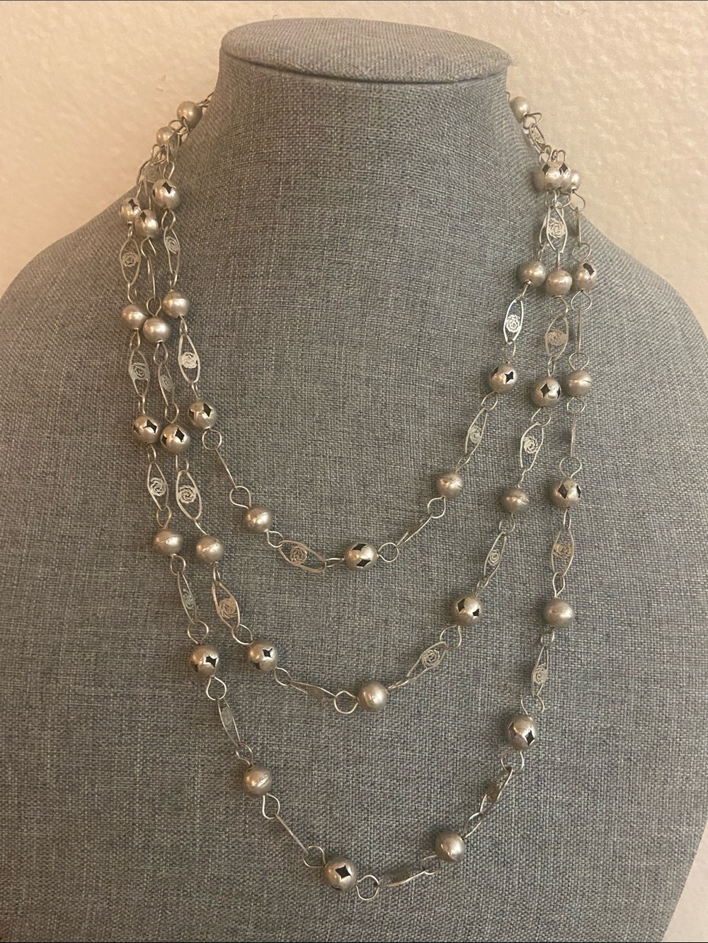 Vintage Mexican Wedding Lasso Long Silver Plated Copper Bead Necklace